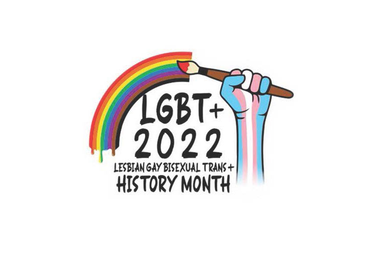 a rainbow including POC colours, coming from a paintbrush in a hand in non-binary colour stripes, with text LGBT+ 2022 Lesbian Gay Bisexual Trans+ History Month